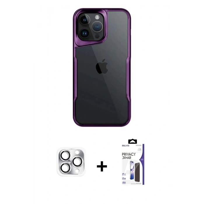 MARSİLYAN™- iPhone 16 Pro Max Kılıf Akış Çizgi Koleksiyonu - Siyah Bilvis 3X AR Hayalet Cam Ekran Koruyucu + Pers Alüminyum Kamera Lens - GS