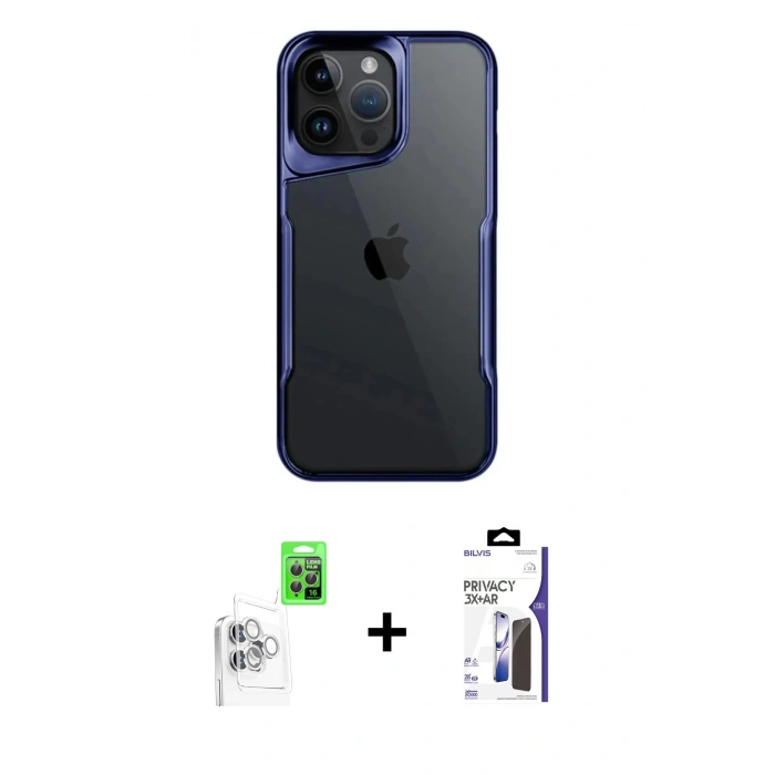 MARSİLYAN™- iPhone 16 Pro Max Kılıf Akış Çizgi Koleksiyonu - Siyah Bilvis 3X AR Hayalet Cam Ekran Koruyucu + Raze Metal Kamera Lens - BZ