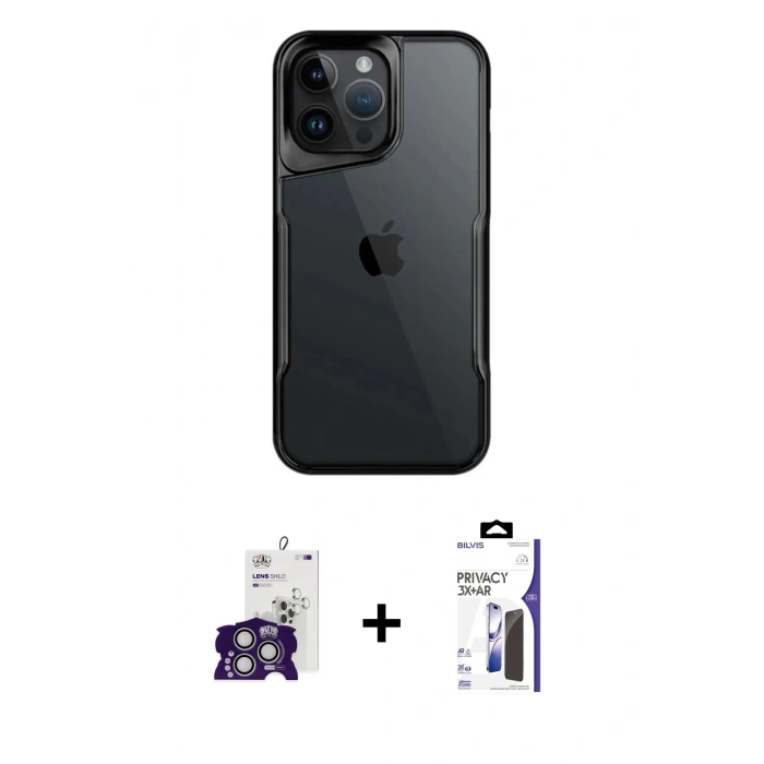 MARSİLYAN™- iPhone 16 Pro Max Kılıf Akış Çizgi Koleksiyonu - Siyah Bilvis 3X AR Hayalet Cam Ekran Koruyucu + Bilvis Titan Kamera Lens - GS