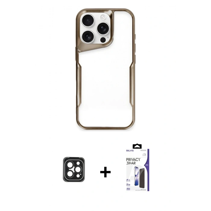 MARSİLYAN™- iPhone 16 Pro Max Kılıf Akış Çizgi Koleksiyonu - Siyah Bilvis 3X AR Hayalet Cam Ekran Koruyucu + PVD Metal Kamera Lens - SH