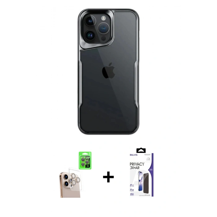 MARSİLYAN™- iPhone 16 Pro Max Kılıf Akış Çizgi Koleksiyonu - Siyah Bilvis 3X AR Hayalet Cam Ekran Koruyucu + Raze Metal Kamera Lens - NLGY