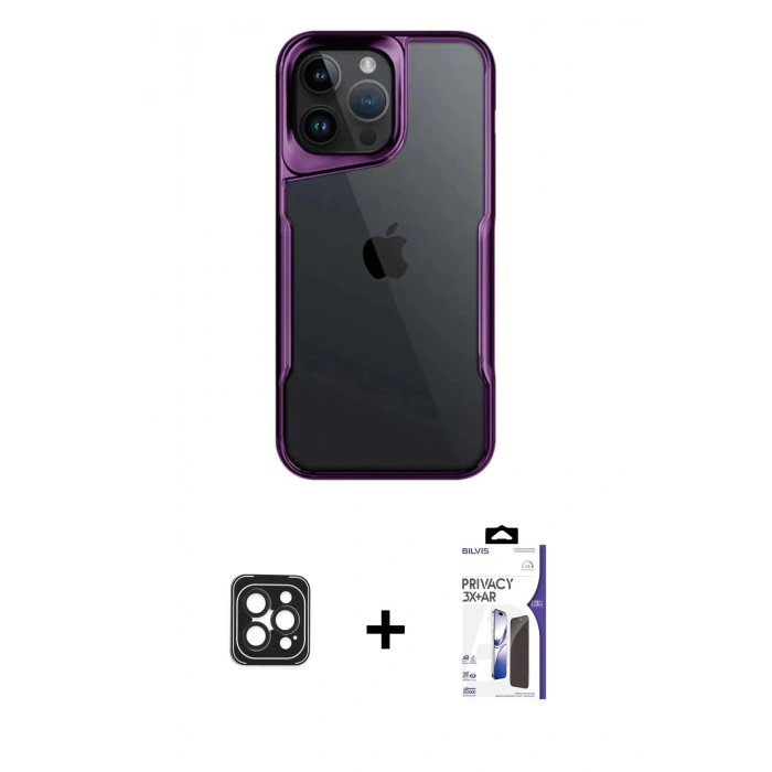MARSİLYAN™- iPhone 16 Pro Max Kılıf Akış Çizgi Koleksiyonu - Siyah Bilvis 3X AR Hayalet Cam Ekran Koruyucu + PVD Metal Kamera Lens - SH