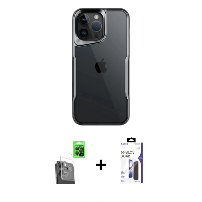 MARSİLYAN™- iPhone 16 Pro Max Kılıf Akış Çizgi Koleksiyonu - Siyah Bilvis 3X AR Hayalet Cam Ekran Koruyucu + Raze Metal Kamera Lens - SH