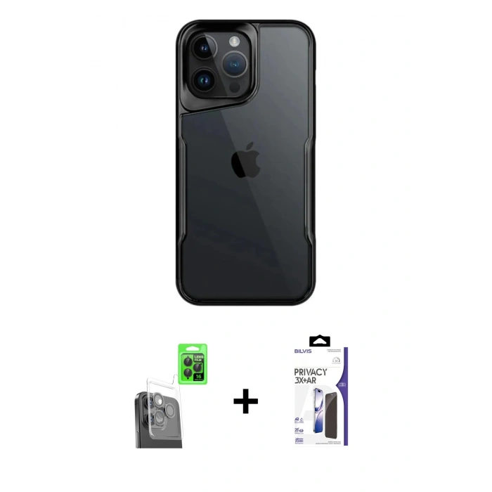 MARSİLYAN™- iPhone 16 Pro Max Kılıf Akış Çizgi Koleksiyonu - Siyah Bilvis 3X AR Hayalet Cam Ekran Koruyucu + Raze Metal Kamera Lens - SH