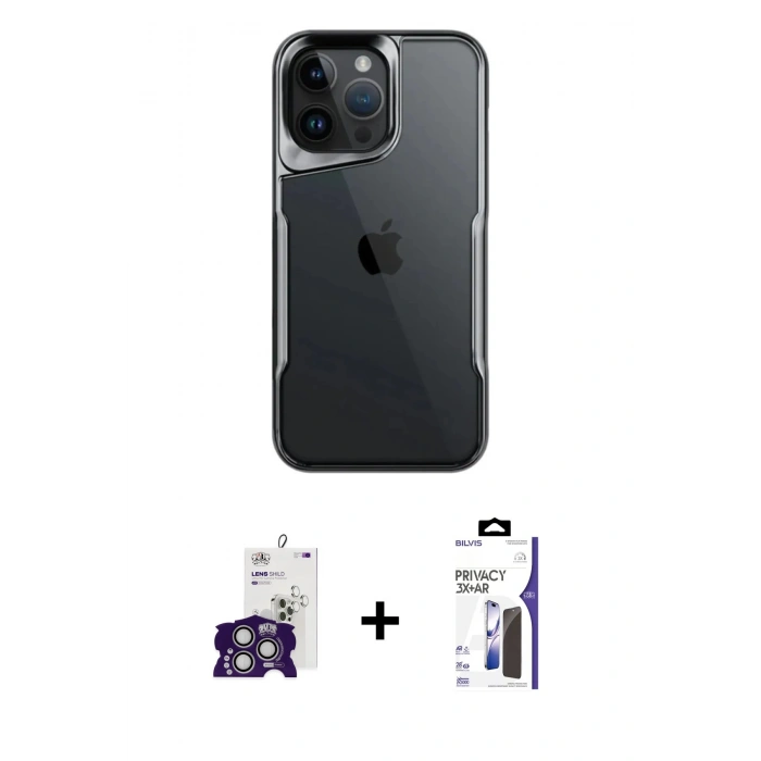 MARSİLYAN™- iPhone 16 Pro Max Kılıf Akış Çizgi Koleksiyonu - Siyah Bilvis 3X AR Hayalet Cam Ekran Koruyucu + Bilvis Titan Kamera Lens - GS