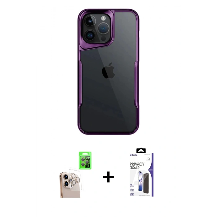 MARSİLYAN™- iPhone 16 Pro Max Kılıf Akış Çizgi Koleksiyonu - Siyah Bilvis 3X AR Hayalet Cam Ekran Koruyucu + Raze Metal Kamera Lens - NLGY