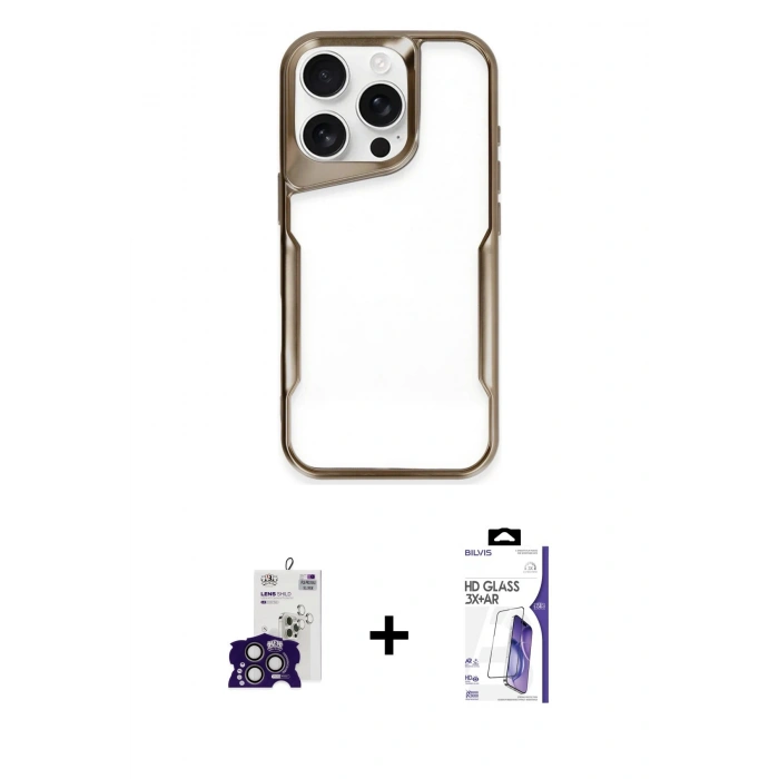 MARSİLYAN™- iPhone 16 Pro Max Kılıf Akış Çizgi Koleksiyonu - Siyah Bilvis 3X AR HD Cam Ekran Koruyucu + Bilvis Titan Kamera Lens - TMGI