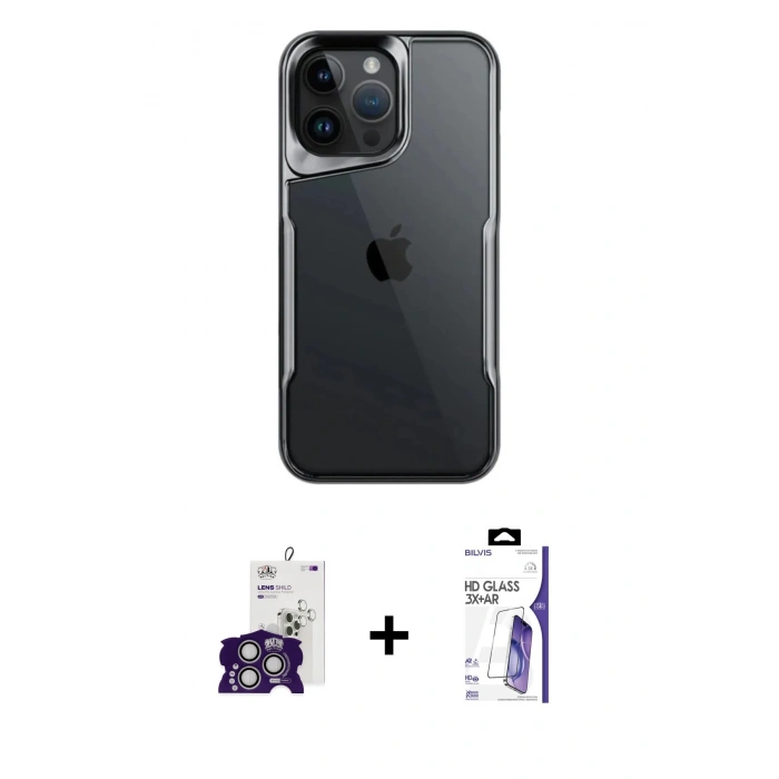 MARSİLYAN™- iPhone 16 Pro Max Kılıf Akış Çizgi Koleksiyonu - Siyah Bilvis 3X AR HD Cam Ekran Koruyucu + Bilvis Titan Kamera Lens - GS