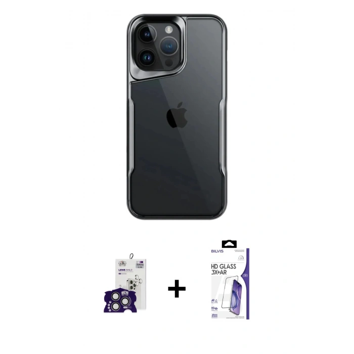 MARSİLYAN™- iPhone 16 Pro Max Kılıf Akış Çizgi Koleksiyonu - Siyah Bilvis 3X AR HD Cam Ekran Koruyucu + Bilvis Titan Kamera Lens - TMGI