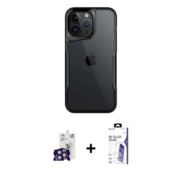 MARSİLYAN™- iPhone 16 Pro Max Kılıf Akış Çizgi Koleksiyonu - Siyah Bilvis 3X AR HD Cam Ekran Koruyucu + Bilvis Titan Kamera Lens - TMGI