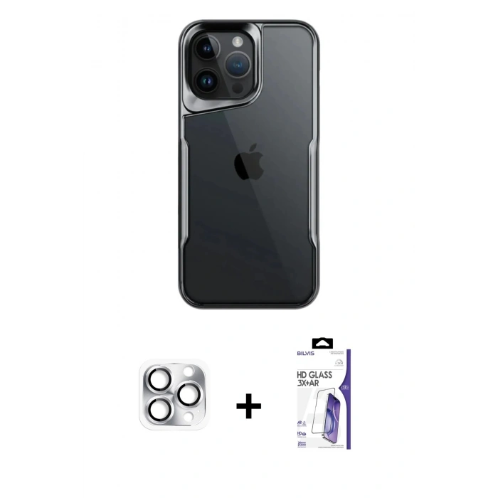 MARSİLYAN™- iPhone 16 Pro Max Kılıf Akış Çizgi Koleksiyonu - Siyah Bilvis 3X AR HD Cam Ekran Koruyucu + Pers Alüminyum Kamera Lens - GS