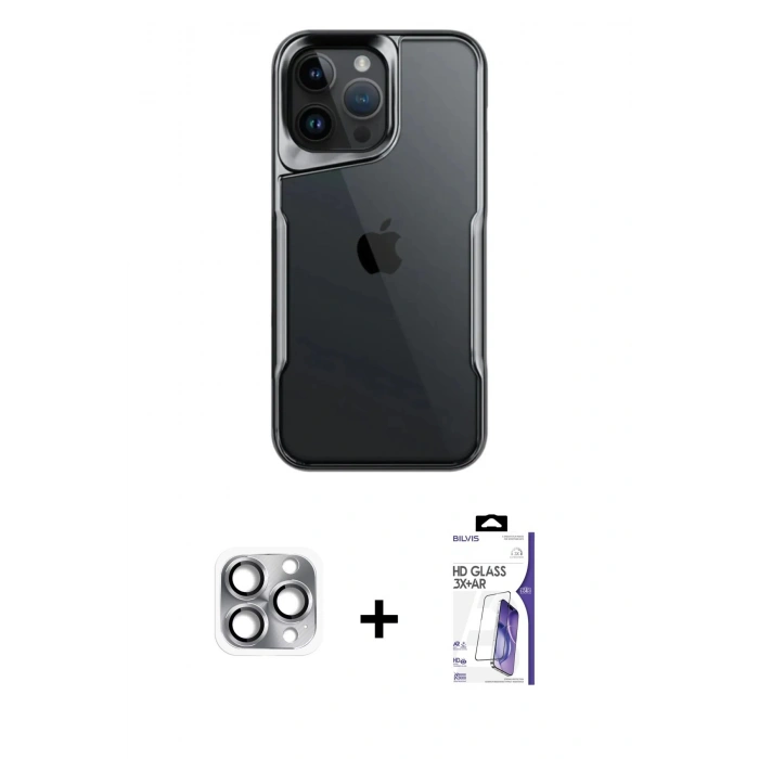 MARSİLYAN™- iPhone 16 Pro Max Kılıf Akış Çizgi Koleksiyonu - Siyah Bilvis 3X AR HD Cam Ekran Koruyucu + Pers Alüminyum Kamera Lens - GI