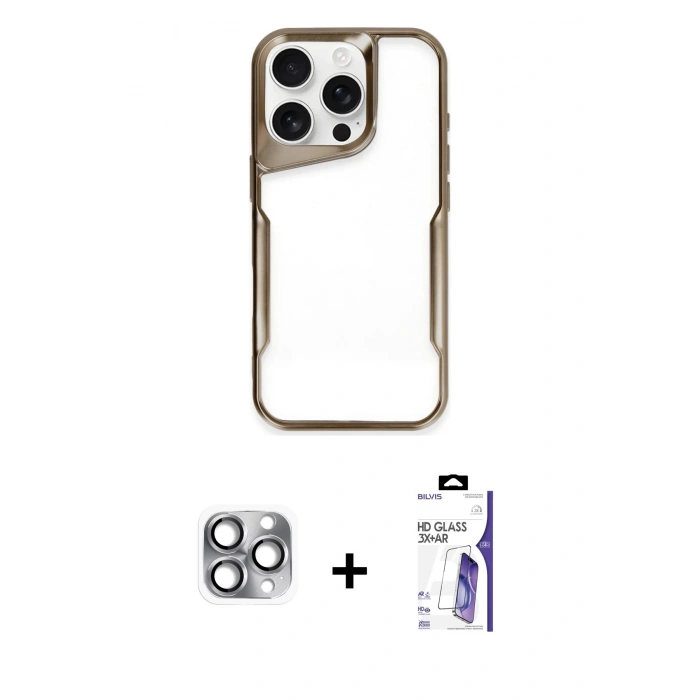 MARSİLYAN™- iPhone 16 Pro Max Kılıf Akış Çizgi Koleksiyonu - Siyah Bilvis 3X AR HD Cam Ekran Koruyucu + Pers Alüminyum Kamera Lens - GI