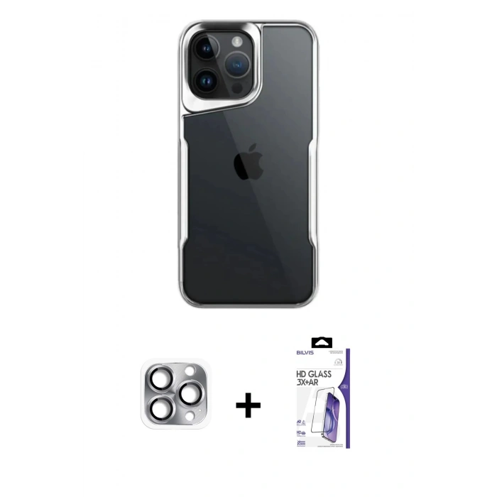 MARSİLYAN™- iPhone 16 Pro Max Kılıf Akış Çizgi Koleksiyonu - Siyah Bilvis 3X AR HD Cam Ekran Koruyucu + Pers Alüminyum Kamera Lens - GI