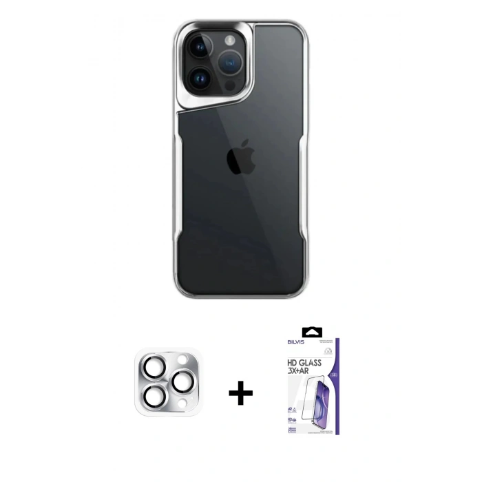 MARSİLYAN™- iPhone 16 Pro Max Kılıf Akış Çizgi Koleksiyonu - Siyah Bilvis 3X AR HD Cam Ekran Koruyucu + Pers Alüminyum Kamera Lens - GS