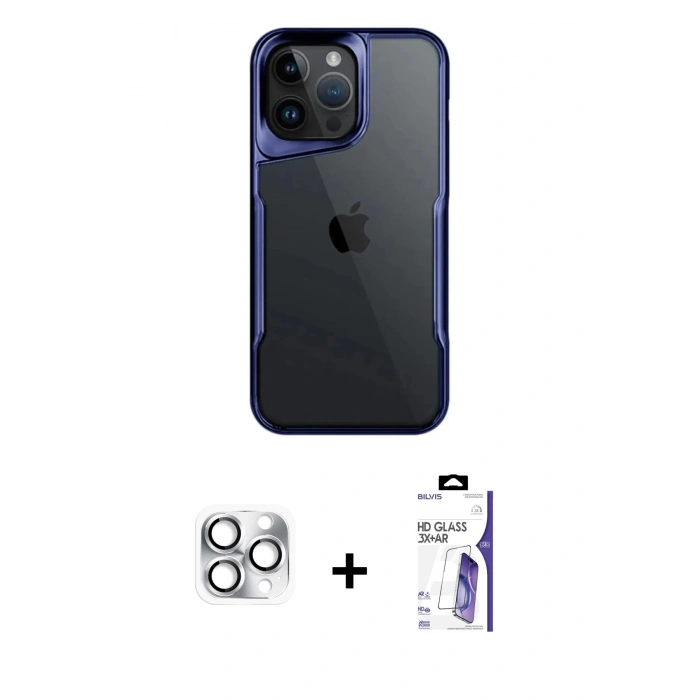 MARSİLYAN™- iPhone 16 Pro Max Kılıf Akış Çizgi Koleksiyonu - Siyah Bilvis 3X AR HD Cam Ekran Koruyucu + Pers Alüminyum Kamera Lens - GS