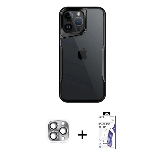MARSİLYAN™- iPhone 16 Pro Max Kılıf Akış Çizgi Koleksiyonu - Siyah Bilvis 3X AR HD Cam Ekran Koruyucu + Pers Alüminyum Kamera Lens - GI