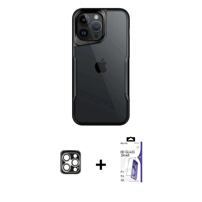 MARSİLYAN™- iPhone 16 Pro Max Kılıf Akış Çizgi Koleksiyonu - Siyah Bilvis 3X AR HD Cam Ekran Koruyucu + PVD Metal Kamera Lens - GS