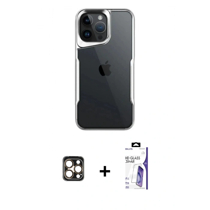 MARSİLYAN™- iPhone 16 Pro Max Kılıf Akış Çizgi Koleksiyonu - Siyah Bilvis 3X AR HD Cam Ekran Koruyucu + PVD Metal Kamera Lens - GD