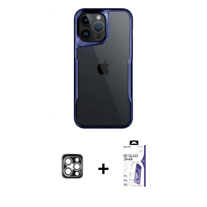 MARSİLYAN™- iPhone 16 Pro Max Kılıf Akış Çizgi Koleksiyonu - Siyah Bilvis 3X AR HD Cam Ekran Koruyucu + PVD Metal Kamera Lens - GS
