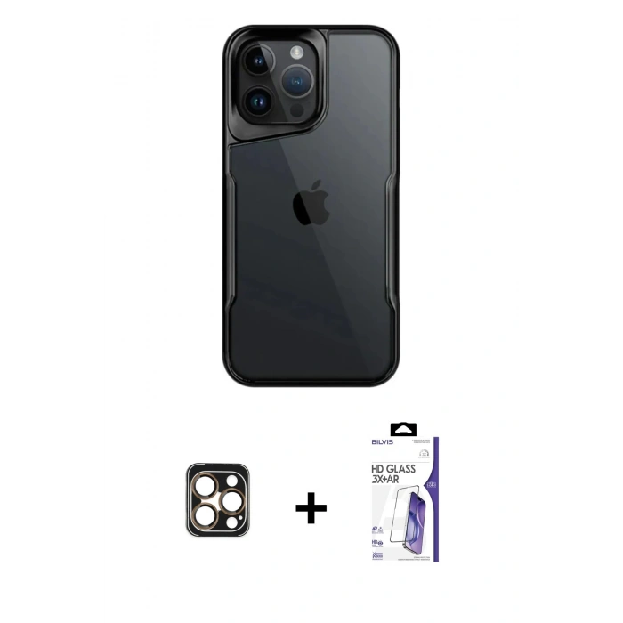 MARSİLYAN™- iPhone 16 Pro Max Kılıf Akış Çizgi Koleksiyonu - Siyah Bilvis 3X AR HD Cam Ekran Koruyucu + PVD Metal Kamera Lens - GD