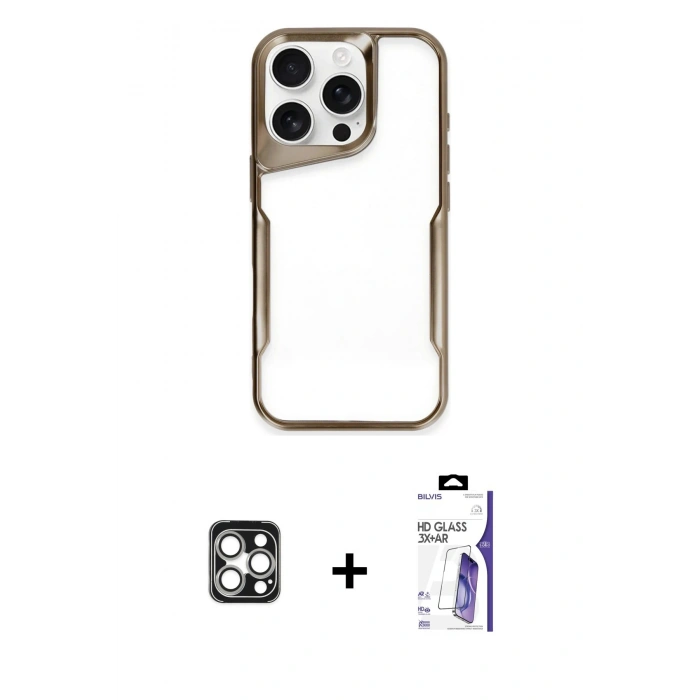MARSİLYAN™- iPhone 16 Pro Max Kılıf Akış Çizgi Koleksiyonu - Siyah Bilvis 3X AR HD Cam Ekran Koruyucu + PVD Metal Kamera Lens - GS