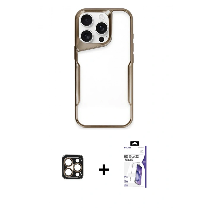 MARSİLYAN™- iPhone 16 Pro Max Kılıf Akış Çizgi Koleksiyonu - Siyah Bilvis 3X AR HD Cam Ekran Koruyucu + PVD Metal Kamera Lens - GD