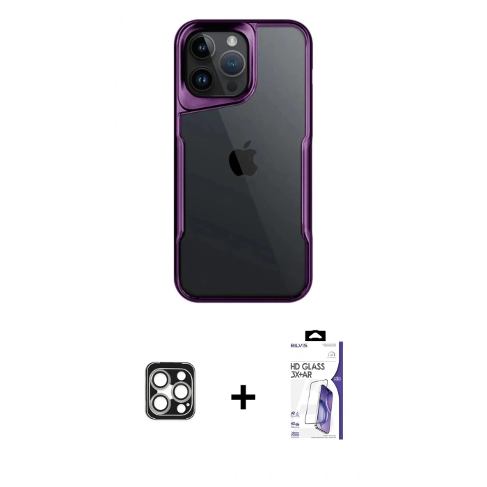 MARSİLYAN™- iPhone 16 Pro Max Kılıf Akış Çizgi Koleksiyonu - Siyah Bilvis 3X AR HD Cam Ekran Koruyucu + PVD Metal Kamera Lens - GS