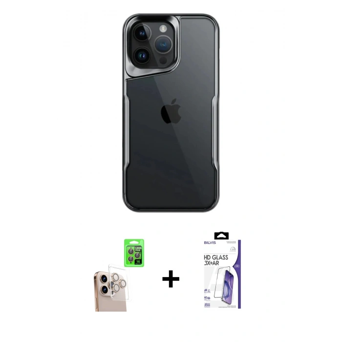 MARSİLYAN™- iPhone 16 Pro Max Kılıf Akış Çizgi Koleksiyonu - Siyah Bilvis 3X AR HD Cam Ekran Koruyucu + Raze Metal Kamera Lens - NLGY