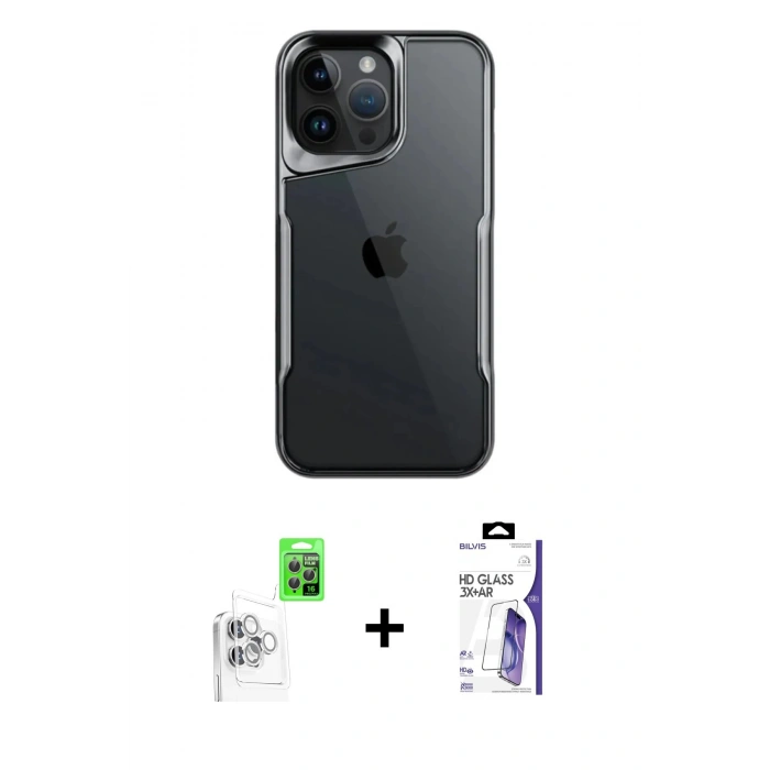 MARSİLYAN™- iPhone 16 Pro Max Kılıf Akış Çizgi Koleksiyonu - Siyah Bilvis 3X AR HD Cam Ekran Koruyucu + Raze Metal Kamera Lens - BZ