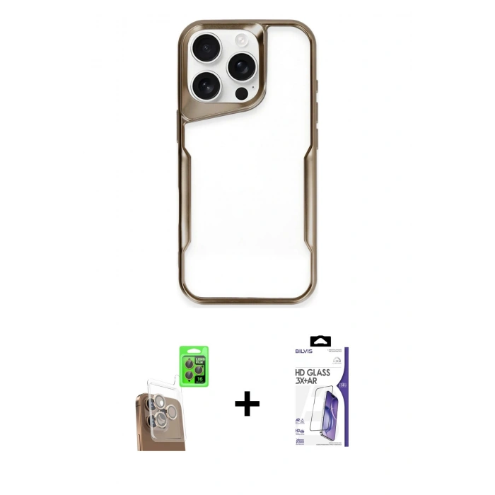 MARSİLYAN™- iPhone 16 Pro Max Kılıf Akış Çizgi Koleksiyonu - Siyah Bilvis 3X AR HD Cam Ekran Koruyucu + Raze Metal Kamera Lens - CLTM
