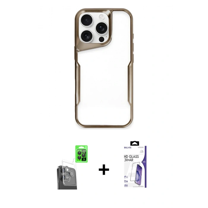 MARSİLYAN™- iPhone 16 Pro Max Kılıf Akış Çizgi Koleksiyonu - Siyah Bilvis 3X AR HD Cam Ekran Koruyucu + Raze Metal Kamera Lens - SH