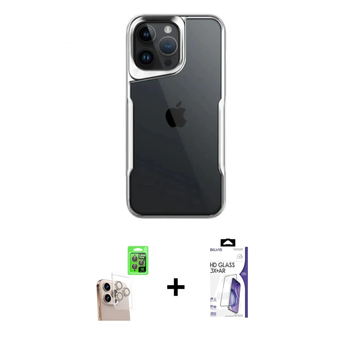 MARSİLYAN™- iPhone 16 Pro Max Kılıf Akış Çizgi Koleksiyonu - Siyah Bilvis 3X AR HD Cam Ekran Koruyucu + Raze Metal Kamera Lens - NLGY