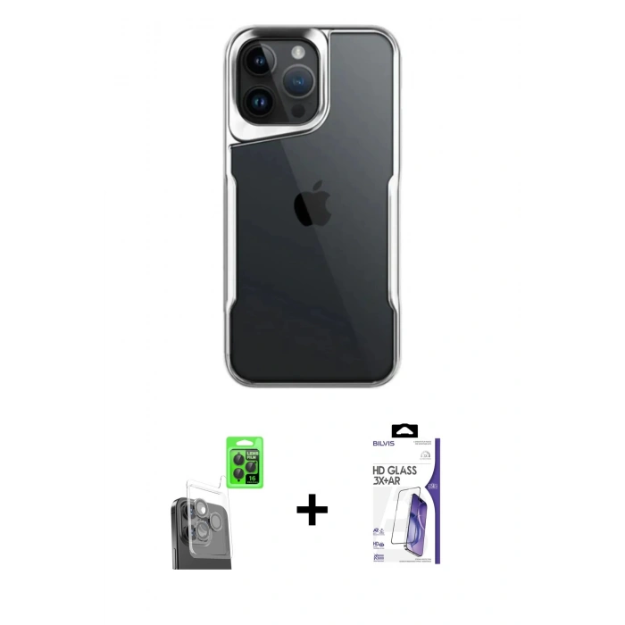 MARSİLYAN™- iPhone 16 Pro Max Kılıf Akış Çizgi Koleksiyonu - Siyah Bilvis 3X AR HD Cam Ekran Koruyucu + Raze Metal Kamera Lens - SH