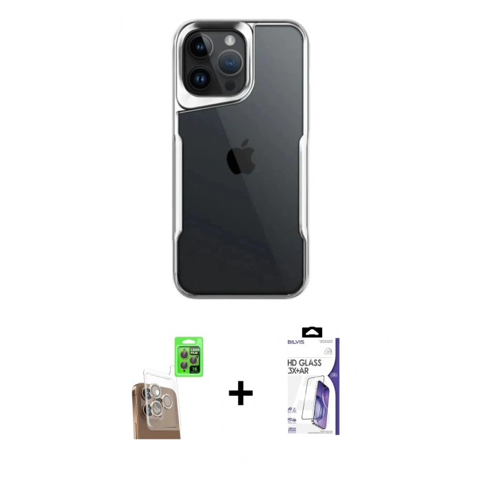 MARSİLYAN™- iPhone 16 Pro Max Kılıf Akış Çizgi Koleksiyonu - Siyah Bilvis 3X AR HD Cam Ekran Koruyucu + Raze Metal Kamera Lens - CLTM