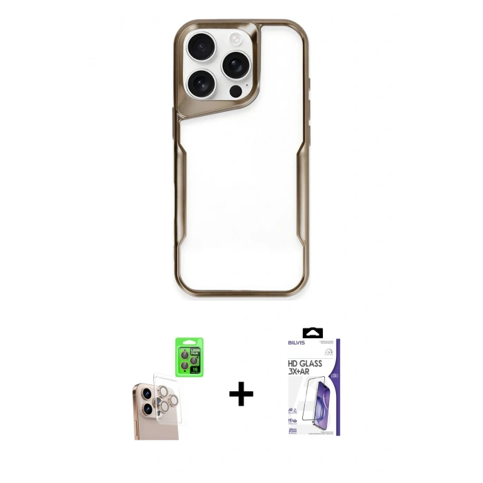 MARSİLYAN™- iPhone 16 Pro Max Kılıf Akış Çizgi Koleksiyonu - Siyah Bilvis 3X AR HD Cam Ekran Koruyucu + Raze Metal Kamera Lens - NLGY