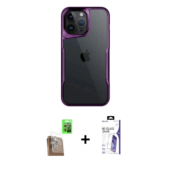 MARSİLYAN™- iPhone 16 Pro Max Kılıf Akış Çizgi Koleksiyonu - Siyah Bilvis 3X AR HD Cam Ekran Koruyucu + Raze Metal Kamera Lens - CLTM