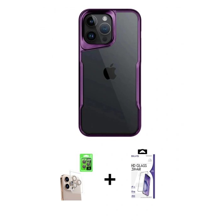 MARSİLYAN™- iPhone 16 Pro Max Kılıf Akış Çizgi Koleksiyonu - Siyah Bilvis 3X AR HD Cam Ekran Koruyucu + Raze Metal Kamera Lens - NLGY
