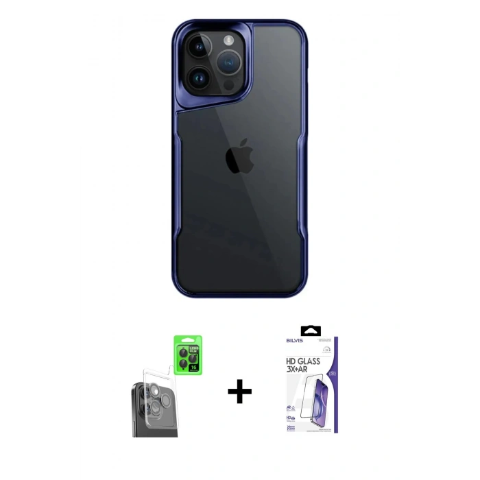 MARSİLYAN™- iPhone 16 Pro Max Kılıf Akış Çizgi Koleksiyonu - Siyah Bilvis 3X AR HD Cam Ekran Koruyucu + Raze Metal Kamera Lens - SH