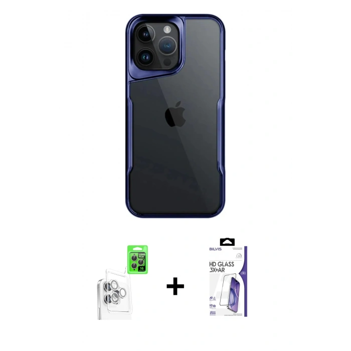MARSİLYAN™- iPhone 16 Pro Max Kılıf Akış Çizgi Koleksiyonu - Siyah Bilvis 3X AR HD Cam Ekran Koruyucu + Raze Metal Kamera Lens - BZ