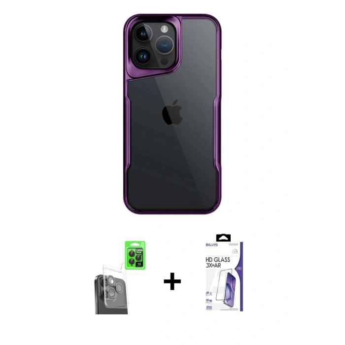MARSİLYAN™- iPhone 16 Pro Max Kılıf Akış Çizgi Koleksiyonu - Siyah Bilvis 3X AR HD Cam Ekran Koruyucu + Raze Metal Kamera Lens - SH