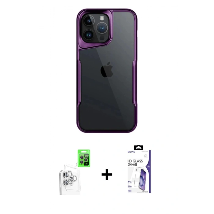 MARSİLYAN™- iPhone 16 Pro Max Kılıf Akış Çizgi Koleksiyonu - Siyah Bilvis 3X AR HD Cam Ekran Koruyucu + Raze Metal Kamera Lens - BZ