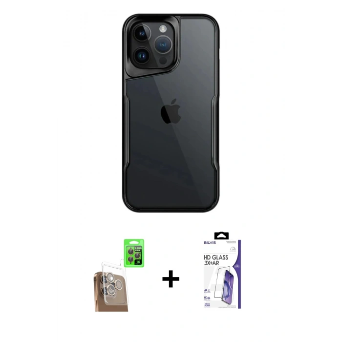 MARSİLYAN™- iPhone 16 Pro Max Kılıf Akış Çizgi Koleksiyonu - Siyah Bilvis 3X AR HD Cam Ekran Koruyucu + Raze Metal Kamera Lens - CLTM