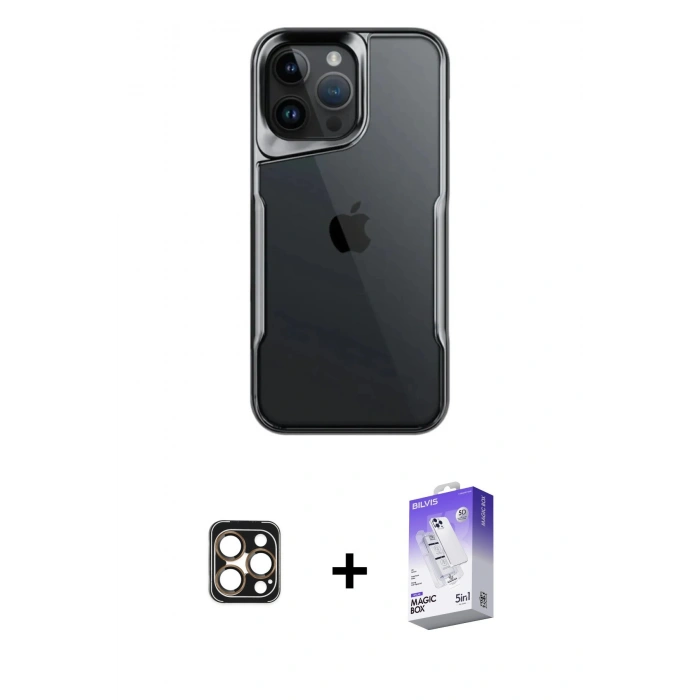 MARSİLYAN™- iPhone 16 Pro Max Kılıf Akış Çizgi Koleksiyonu - Siyah Bilvis 5in1 3D Magic Cam Ekran Koruyucu + PVD Metal Kamera Lens - GD