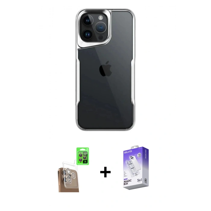 MARSİLYAN™- iPhone 16 Pro Max Kılıf Akış Çizgi Koleksiyonu - Siyah Bilvis 5in1 3D Magic Cam Ekran Koruyucu + Raze Metal Kamera Lens - CLTM