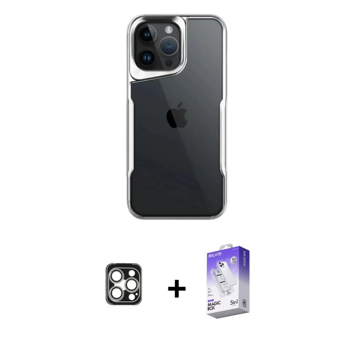 MARSİLYAN™- iPhone 16 Pro Max Kılıf Akış Çizgi Koleksiyonu - Siyah Bilvis 5in1 3D Magic Cam Ekran Koruyucu + Gümüş PVD Metal Kamera Lens