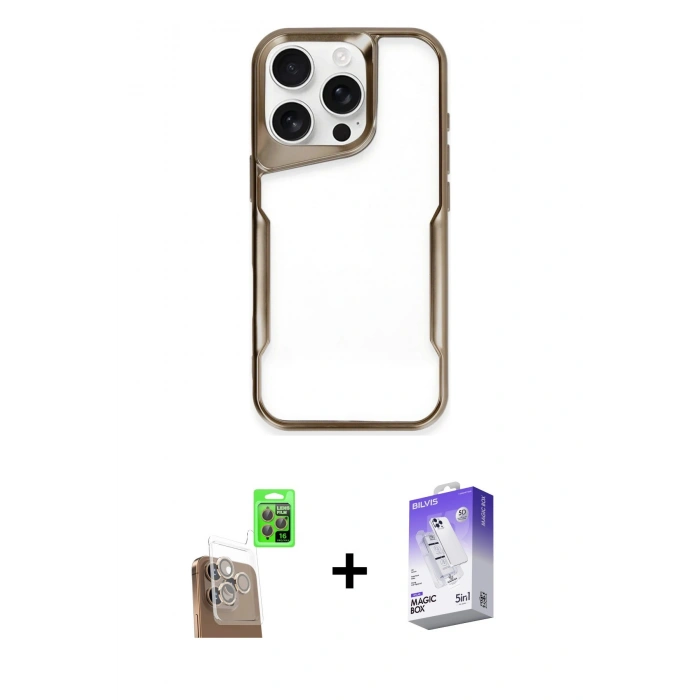 MARSİLYAN™- iPhone 16 Pro Max Kılıf Akış Çizgi Koleksiyonu - Siyah Bilvis 5in1 3D Magic Cam Ekran Koruyucu + Raze Metal Kamera Lens - CLTM
