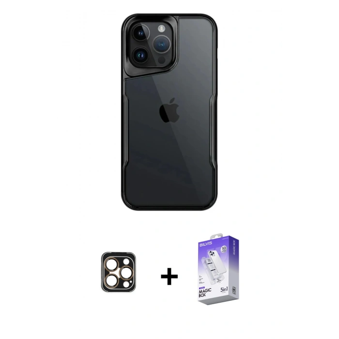 MARSİLYAN™- iPhone 16 Pro Max Kılıf Akış Çizgi Koleksiyonu - Siyah Bilvis 5in1 3D Magic Cam Ekran Koruyucu + PVD Metal Kamera Lens - GD