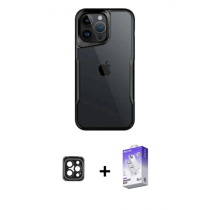MARSİLYAN™- iPhone 16 Pro Max Kılıf Akış Çizgi Koleksiyonu - Siyah Bilvis 5in1 3D Magic Cam Ekran Koruyucu + Siyah PVD Metal Kamera Lens