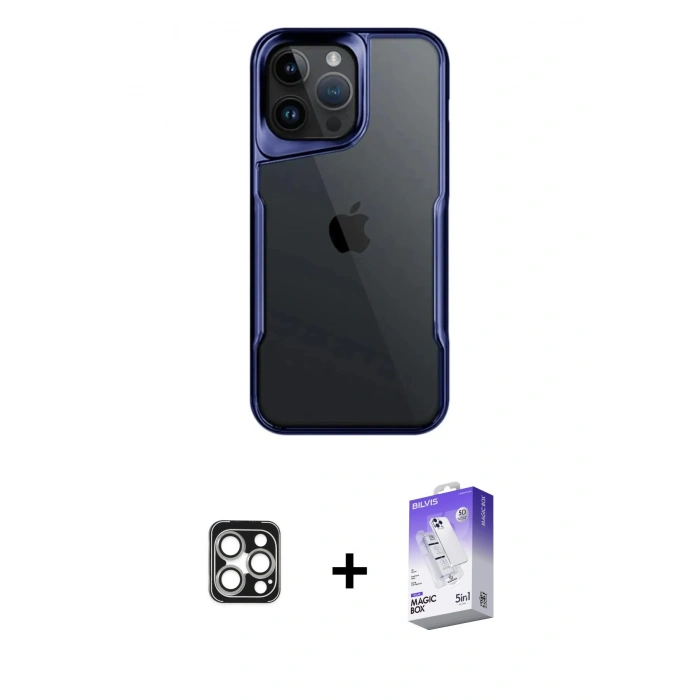 MARSİLYAN™- iPhone 16 Pro Max Kılıf Akış Çizgi Koleksiyonu - Siyah Bilvis 5in1 3D Magic Cam Ekran Koruyucu + Gümüş PVD Metal Kamera Lens